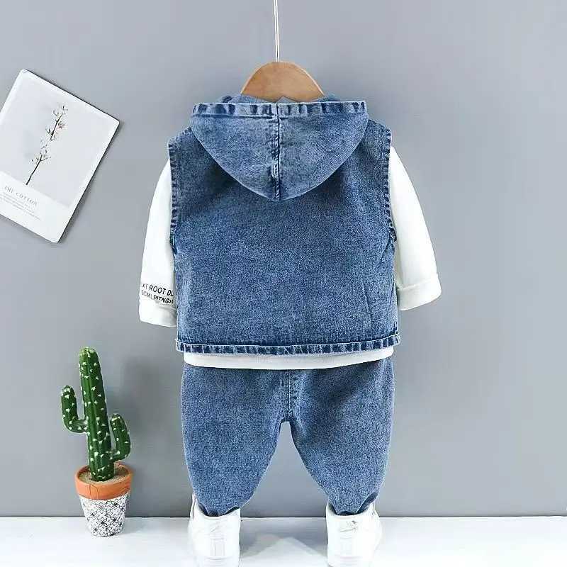 Baby Boys Clothes Spring Autumn Fashion Ripped Denim Suit Letter Denim Jacket Hooded Vest + Bottoming Shirt + Pants 3-Piece set R250605