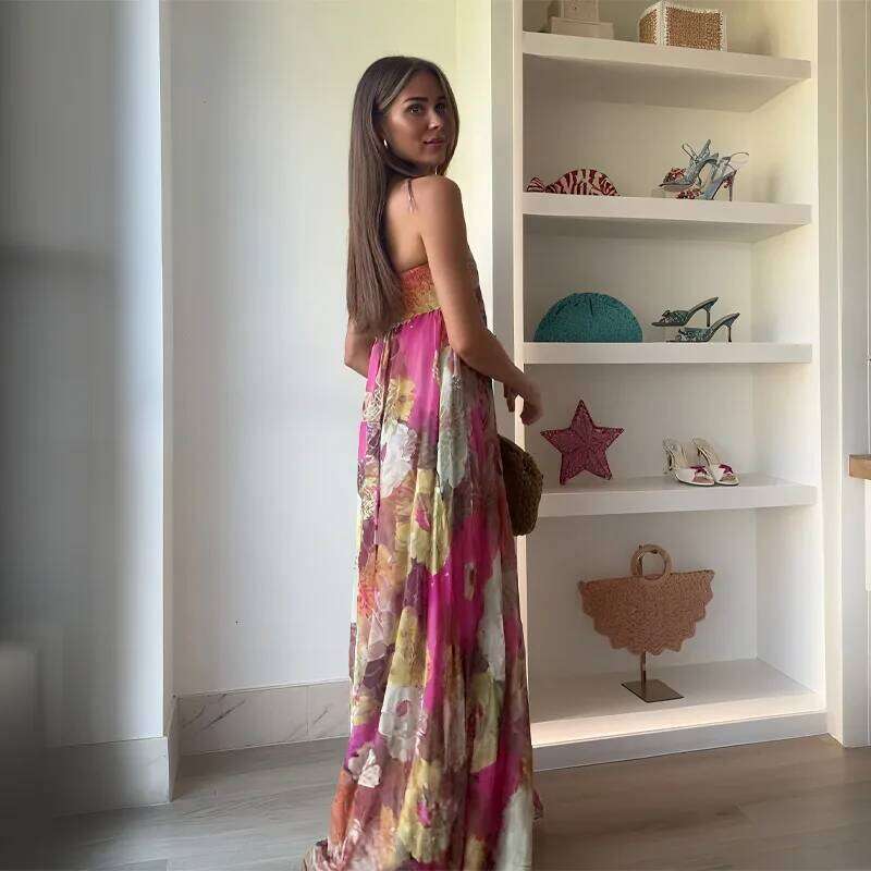 Chic Retro Floral Printed Sling Long For Women Sexy Backless High Waist Loose Maxi Dress 2025 Summer Evening Party Gowns