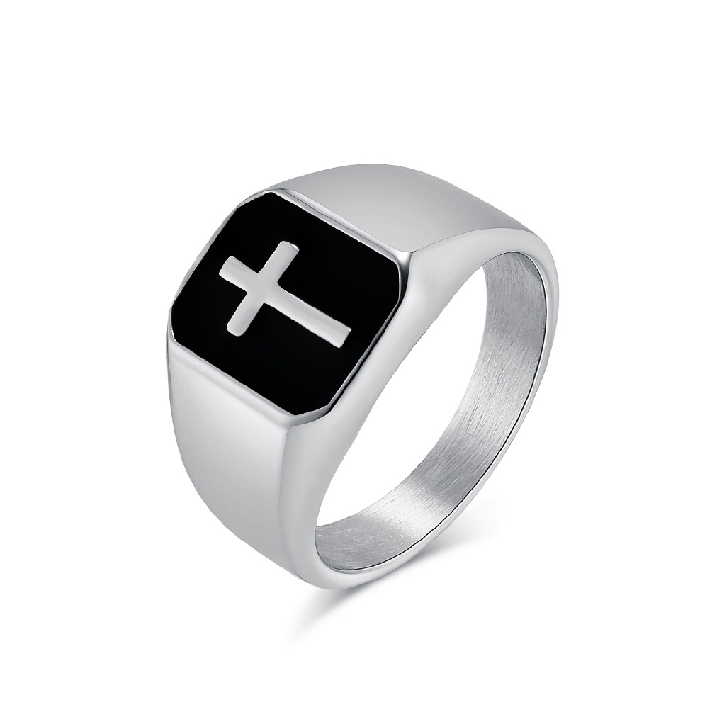 Hip Hop Square Ring Black oil drop Stainless Steel Cross 18K Gold Plated Jewelry