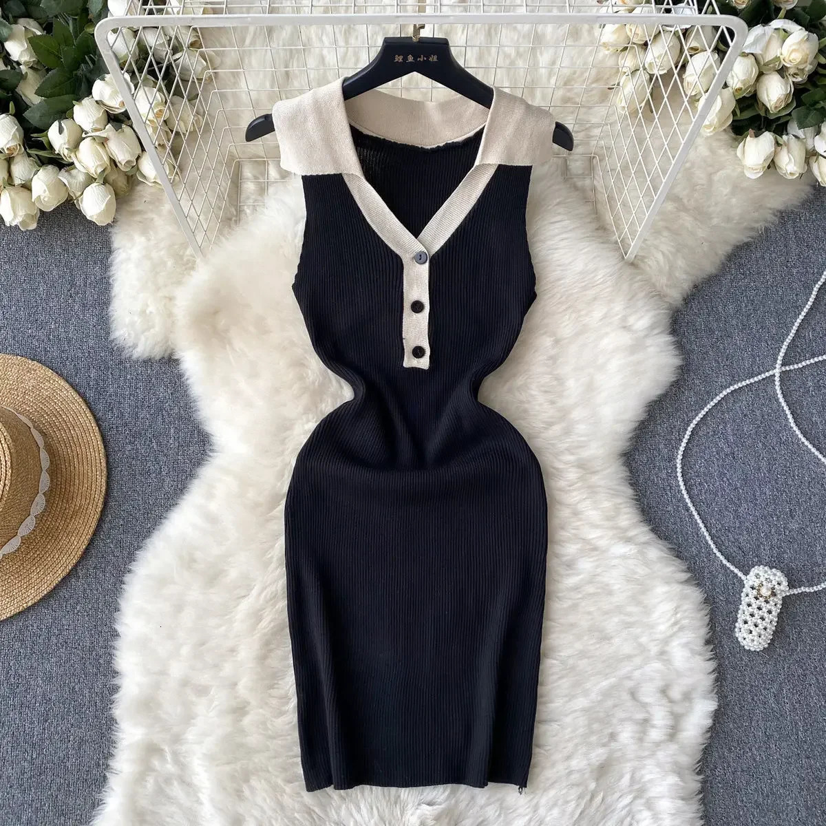 Patchwork Tank Summer Knit Elegant Dress Women Turn Down Collar Elastic Waist Bodycon Sundress Female Short Mini Dress 250604