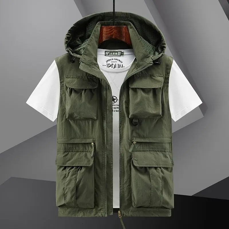 Spring Outdoor Hooded Fishing Vest Mens Solid Breathable MultiPocket High Quality Coat Detachable Hat Sports Male 250605Z