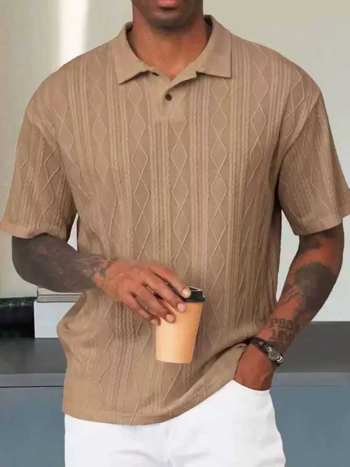 2025 New style summer mens fashion textured line short-sleeved POLO shirt Casual lapel solid color jacquard top XJ250605
