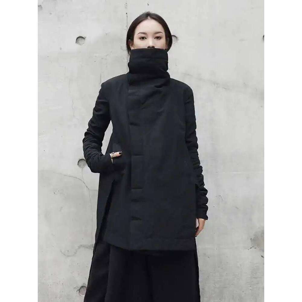 Coats Designer Women EAM 2024 New Fashion Winter Stand Collar Irregular Long Type Cotton-Padded Clothes Loose Coat Black Jacket Woman Ya771 Designer