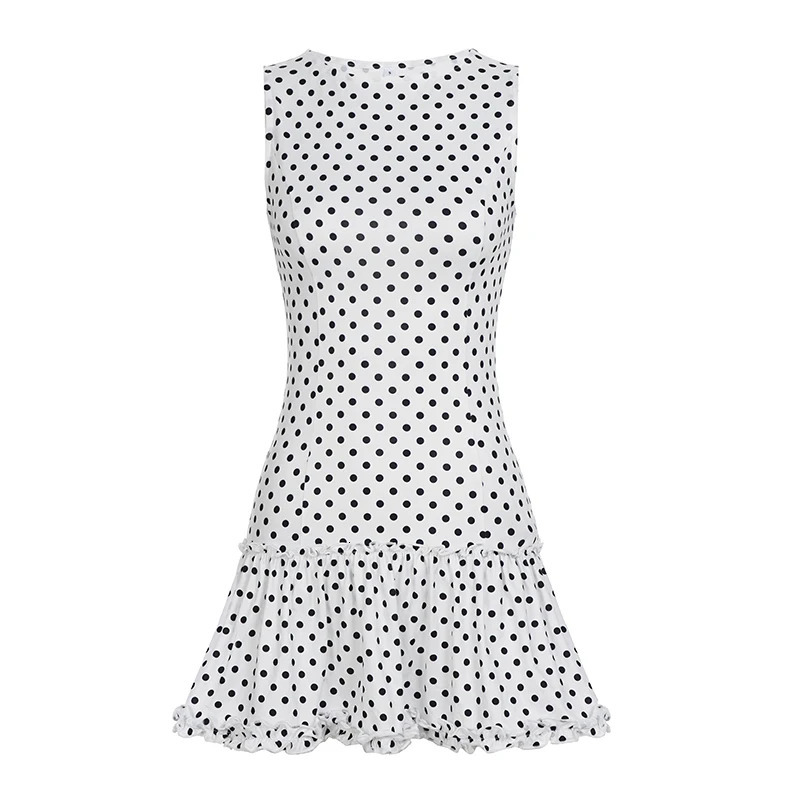 Polka Print Slim Fit Women Vest Dress Summer Casual Office Lady Simple Ruffle Fashion Trendy Dress 250604