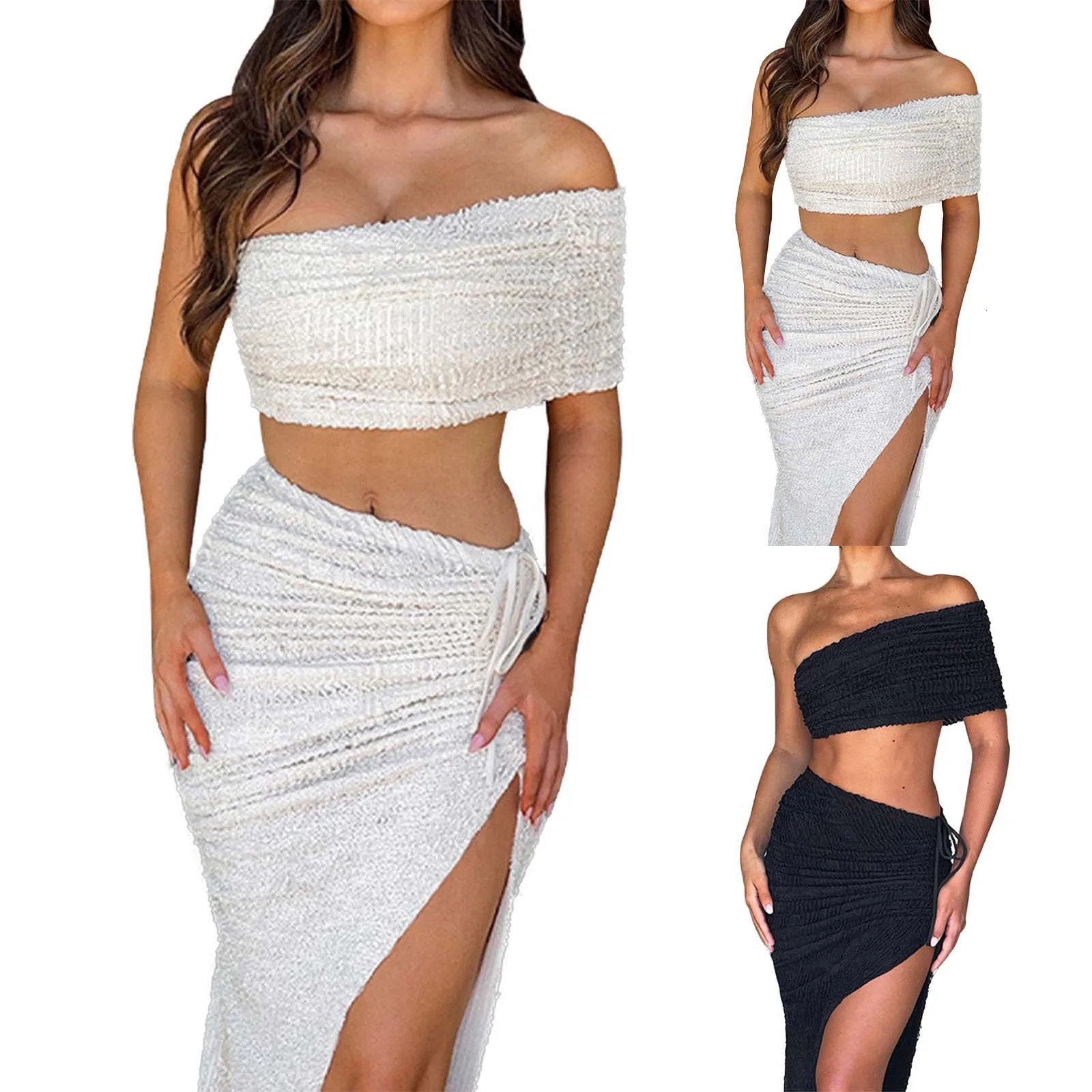 Sexy Elegant Party Skirts Two Piece Set Slash Neck Crop Top Long Split Suit 2 Pieces Spring Summer Vacation Outfits 250605Z