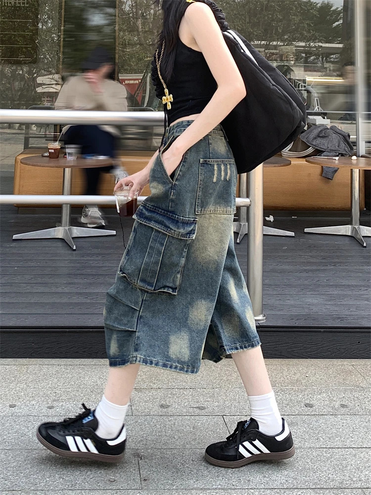 Summer Women Goblin Core Harajuku Jorts Y2k Streetwear Korean CalfLength Jean Shorts 2000s Denim Cargo Pants Abi Grunge 250604