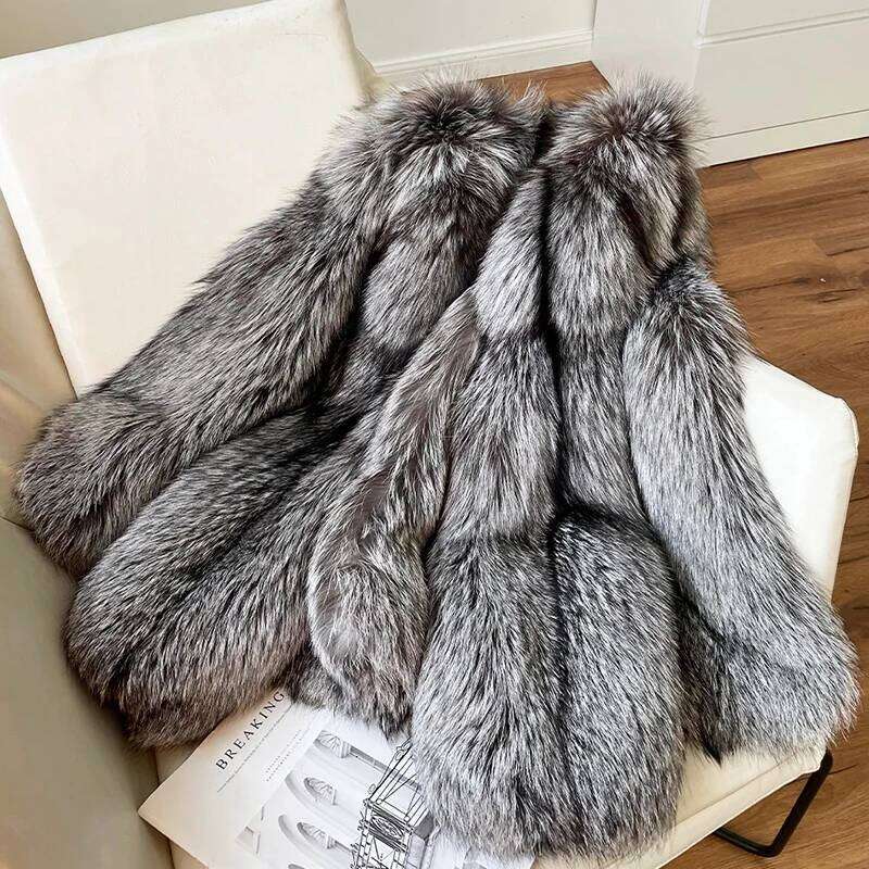 Real Natural Sier Fox Fur Coat Highend Quality Genuine Women Winter Female Jacket Long Sleeve
