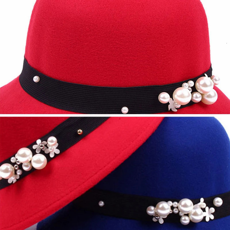 Vintage Ladies Brim Bucket Hat Elegant Women Round Bowler Cap Wool Pearl Fedoras Hat 250605