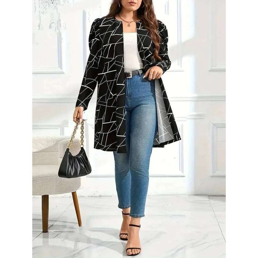 GIBSIE Plus Size Geo Print Open Front O-Neck Coat Women Spring Autumn Black Elegant Long Sleeve OL Female Loose Coats