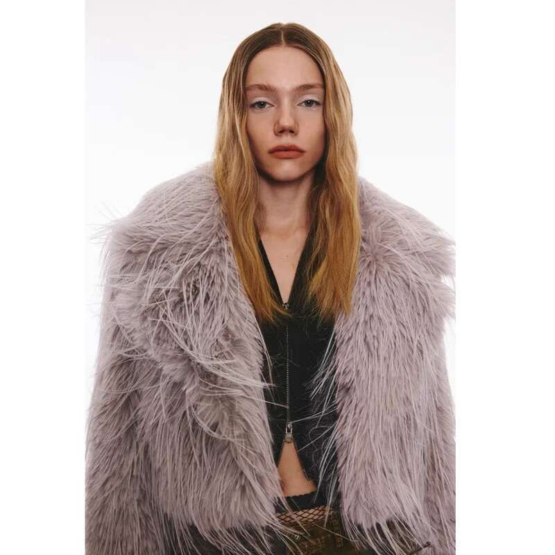 Women's Autumn Winter New Faux Ostrich Puffy Coat Lapel Girl Thick Warm Fur Streetwear Cropped Jacket