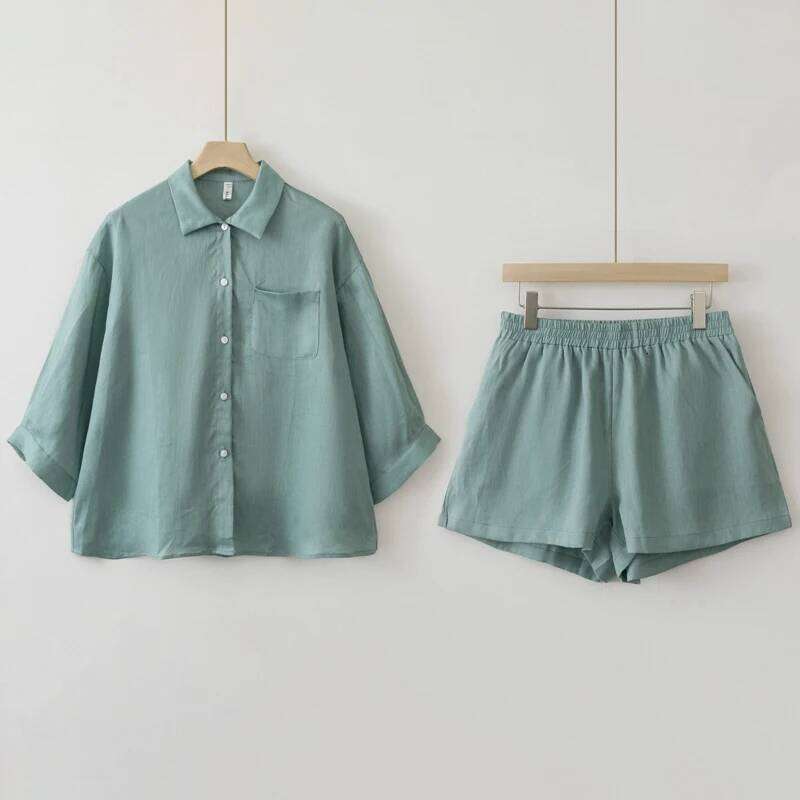 Women 2025 Summer Casual Linen Blouse Shorts Sets