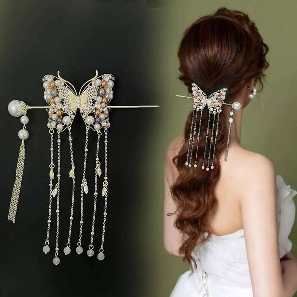 Women Fashion Colored Pearls Butterfly Alloy Hairpin Ladies Clip Tassels Party Sticks Elegant Hair Accessories