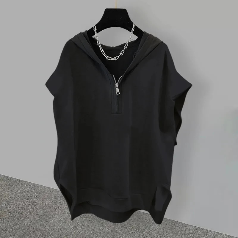 Sleeveless Zippered Half Open Collar Hooded Top Trendy Street Korean Version Womens Loose Versatile SpringSummer hoodies 250604