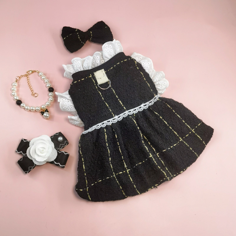 Cute Dog Dress Clothes for Small Dogs Cats Girl, Plaid Bow Tie Dog Harness Dresses with Pearls Bow Accessories Birthday Puppy Dress Yorkies Chihuahua 