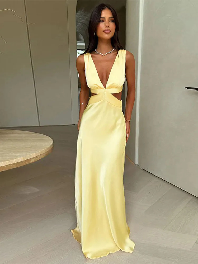2025 Summer Women Yellow Stain Maxi Dresses Elegant Sling Backless Hollow Out V-neck Sleeveless Gown Beach Wedding Vacation Wear 250604
