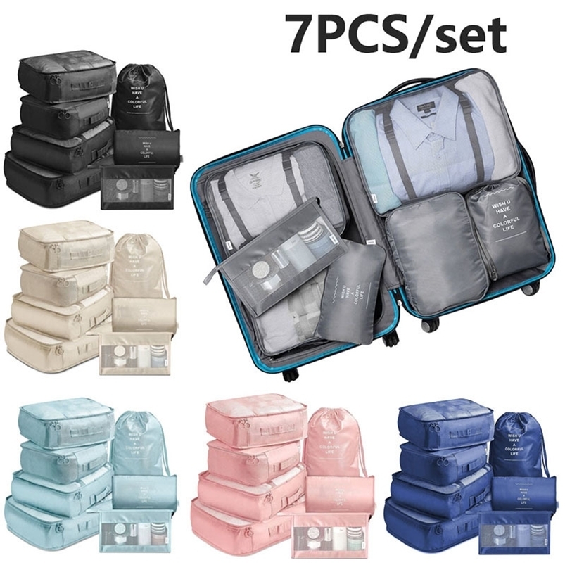 7Pcs Travel Organizer Storage Bags Wardrobe Cube Suitcase Packing Cubes Set Storages Luggage Clothes Shoe Pouch Folding 250605