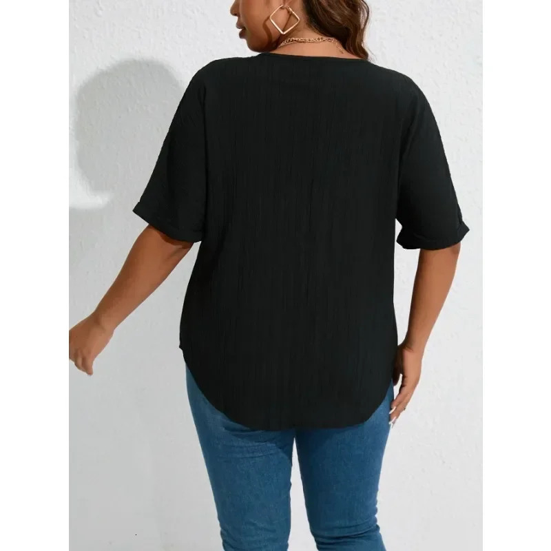 Plus Size 1XL5XL Women Vneck Casual Simple Solid Color Tshirt Tops Ladies Fashionable Short Sleeved Zippered Tshirt 250604