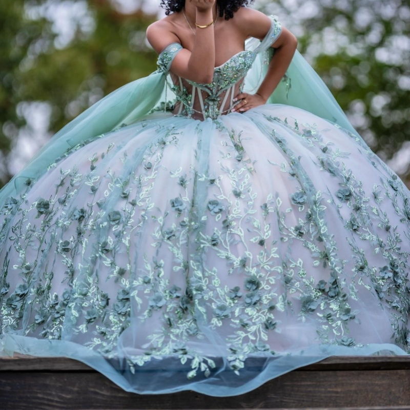 Mint Green Quinceanera Dresses Birthday Party Ball Gown Off the Shoulder Lace Appliques Flower Beads Tull Vestidos De 15 Anos Sweet 16 Dress