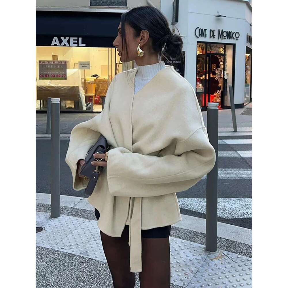 Coats Designer Women Fashion Solid Lace Up Coat For Women Elegant V-Neck Long Sleeve Jacket 2024 Autumn Winter New Lady Street Outerwear Clothes Desig