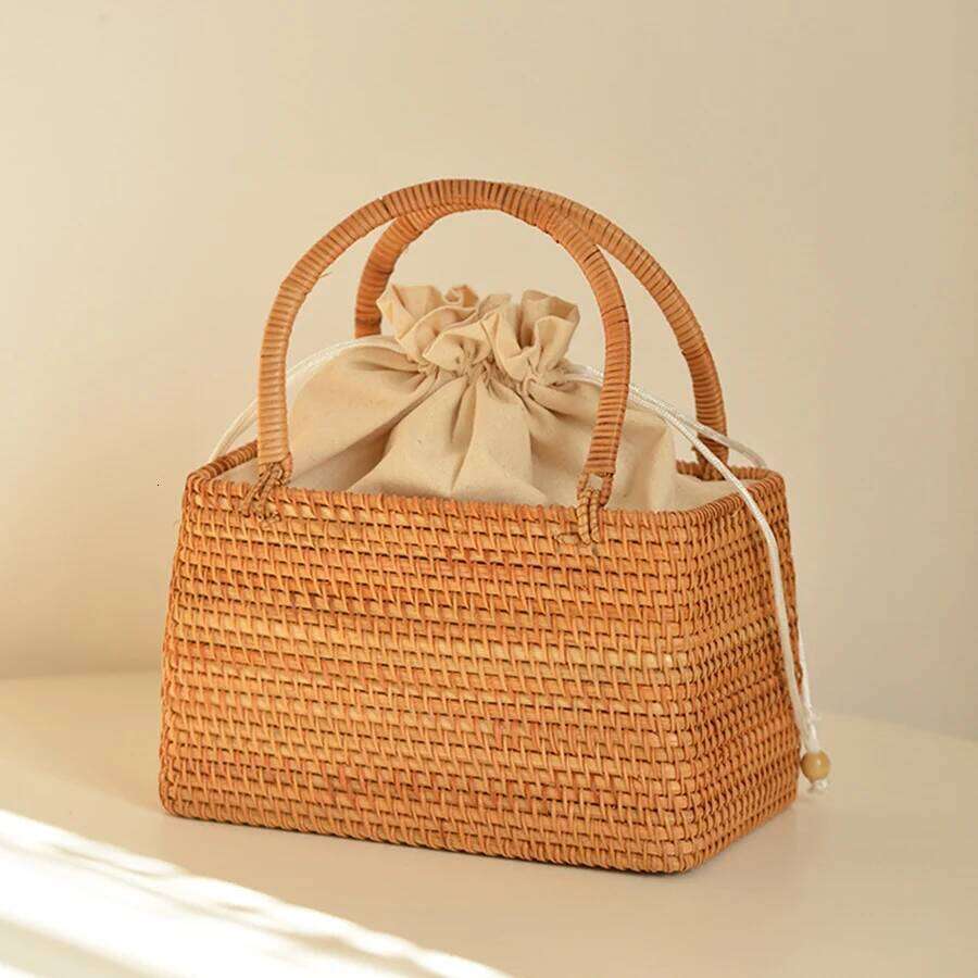 Rattan Basket Handbags Women Hollow Out Handwoven Drawstring Top-Handle Bag Summer Beach Female Storage Clutch Travel Totes