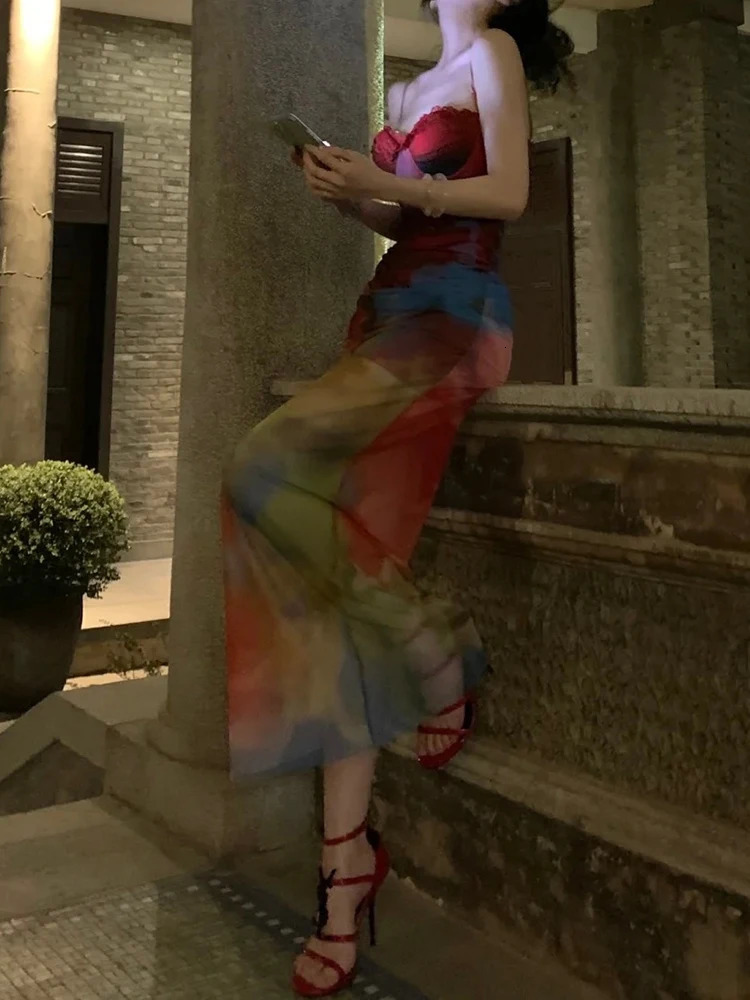 Nibber Colorful Print Maxi Dresswomen Patchwork Lace Mesh Low-Neck Sleeveless Backless Summer Trend Vacation Clubwear Vestidos 250604