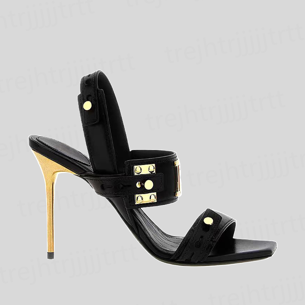Spring and summer New high-heeled sandals Genuine Leather Metal buckle square toe slipper mule Women's open toed designer evening shoes factory footwear