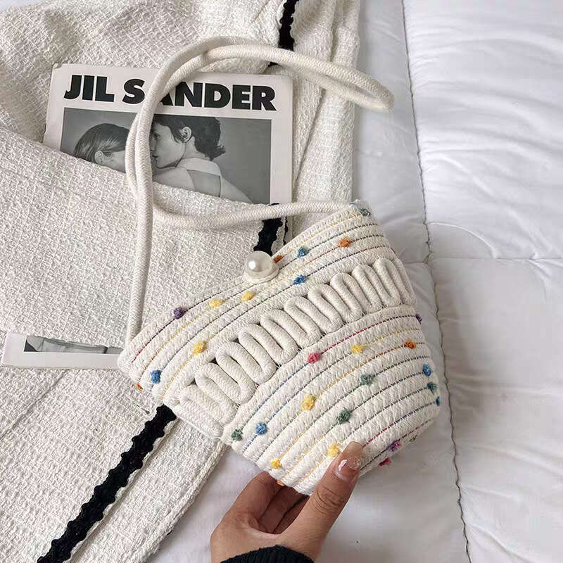 Crossbody Straw Phone Coin Key Hollow Cotton Thread Woven Casual Cute Women's Bag