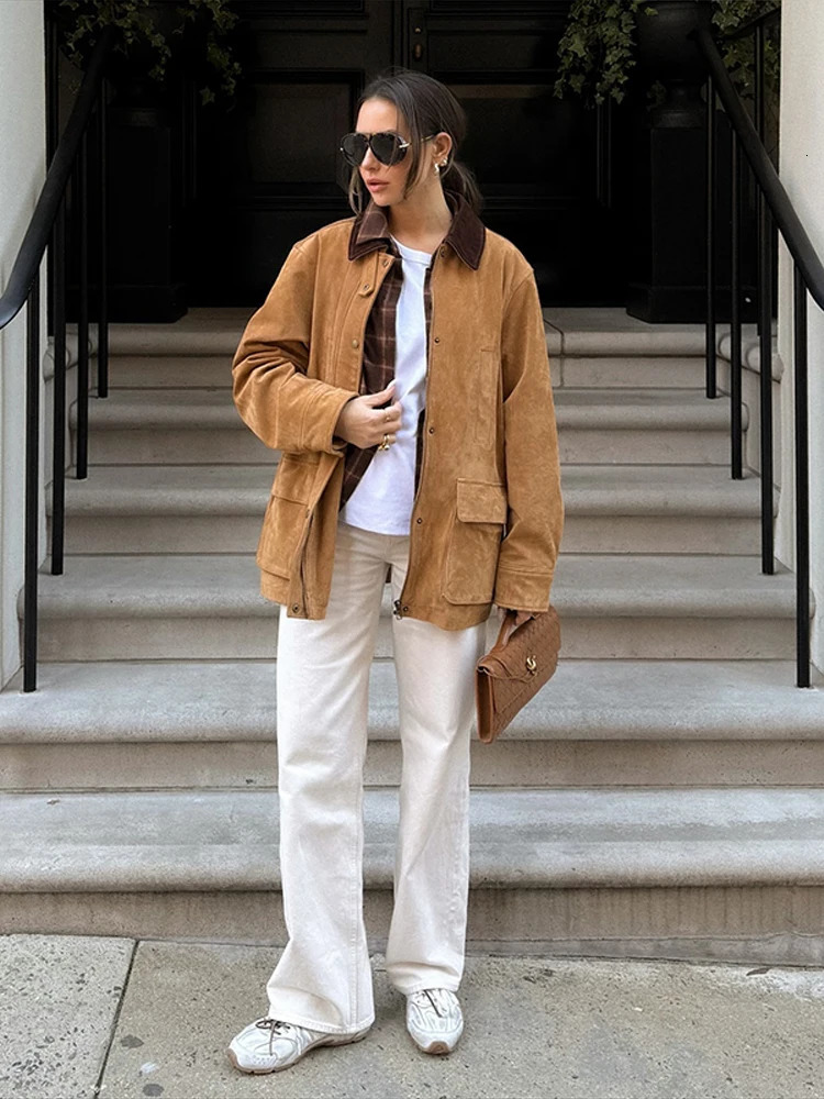 Spring Suede Womens Jacket Fashion Patchwork Lapel Single Breasted Female Coat 2025 Retro Khaki Full Sleeves Loose Lady Coats 250604