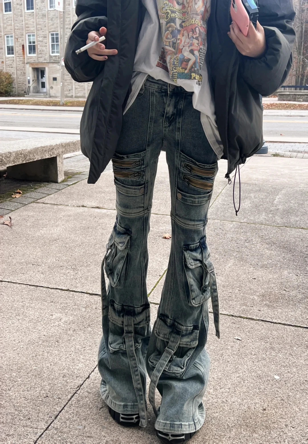 Women Abi Harajuku Y2K Streetwear Pants Low Rise Denim Goblin Core Flare Cargo Jean BellBottom Japanese Long Trouser 250604