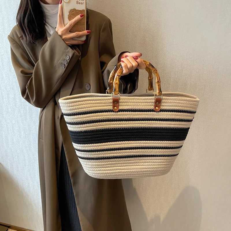 Vintage Knitted Bag Womens Cotton Striped Weaving Bamboo Handle Large Capacity Weaving Handbag Weaving Tote Bag XJ250605