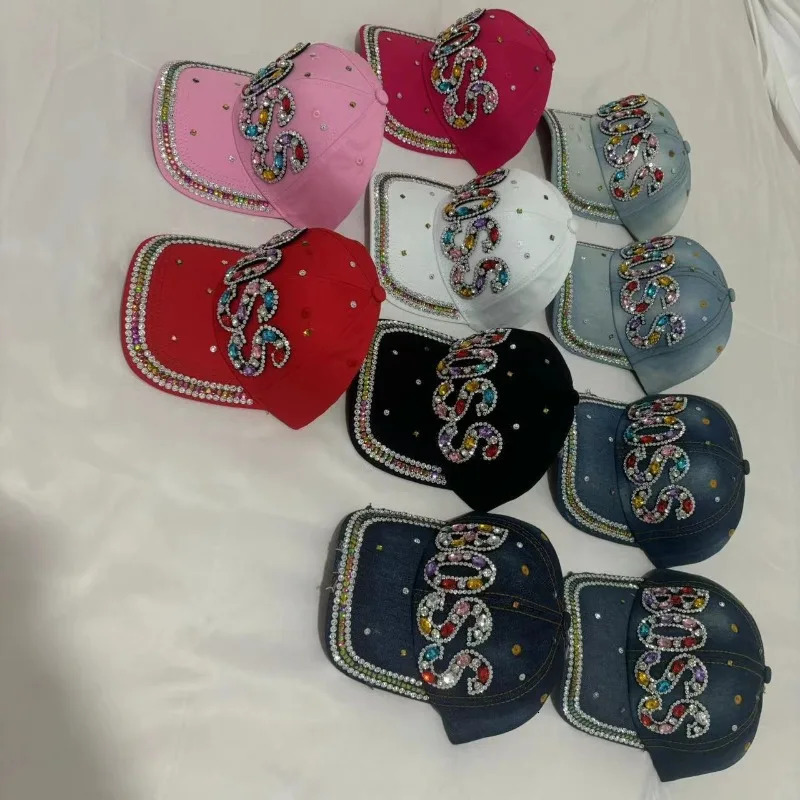 2025 Diamond Studded Letter BOSS Baseball Cap Denim with Holes Versatile Outdoor Sunshade and Sun Protection Hat for Women 250603