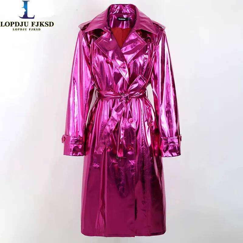 Long PU Leather Coat For Women, Fashion Overcoat, Female Clothing, New England Style, Adjustable Waist, Sequins, Spring, Autumn