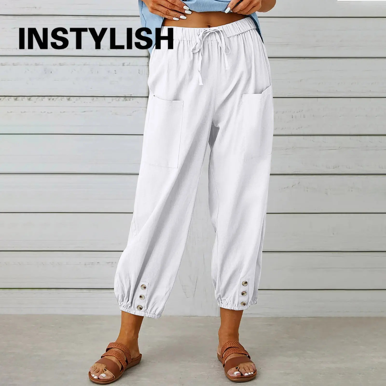 Women Cotton Linen Pants Autumn Solid Color Elastic Waist Loose Straight Trousers Female Harajuku High Waist Wide Leg Pants 250605