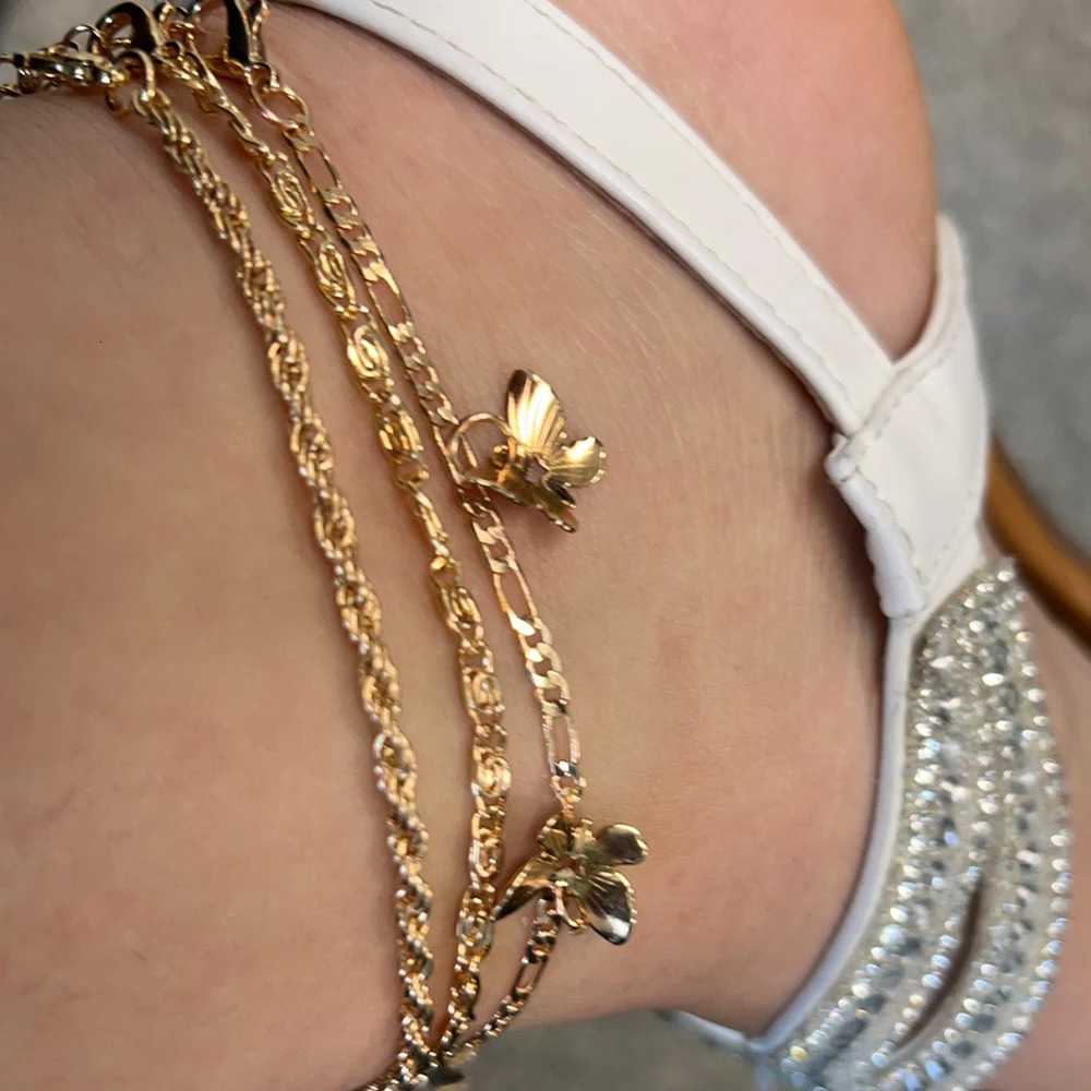 13pcs Simple Metal Chain Butterfly Pendant Anklet for Women Adjustable Layered Vintage Minimalist Beach Anklet Set Foot Jewelry 250528