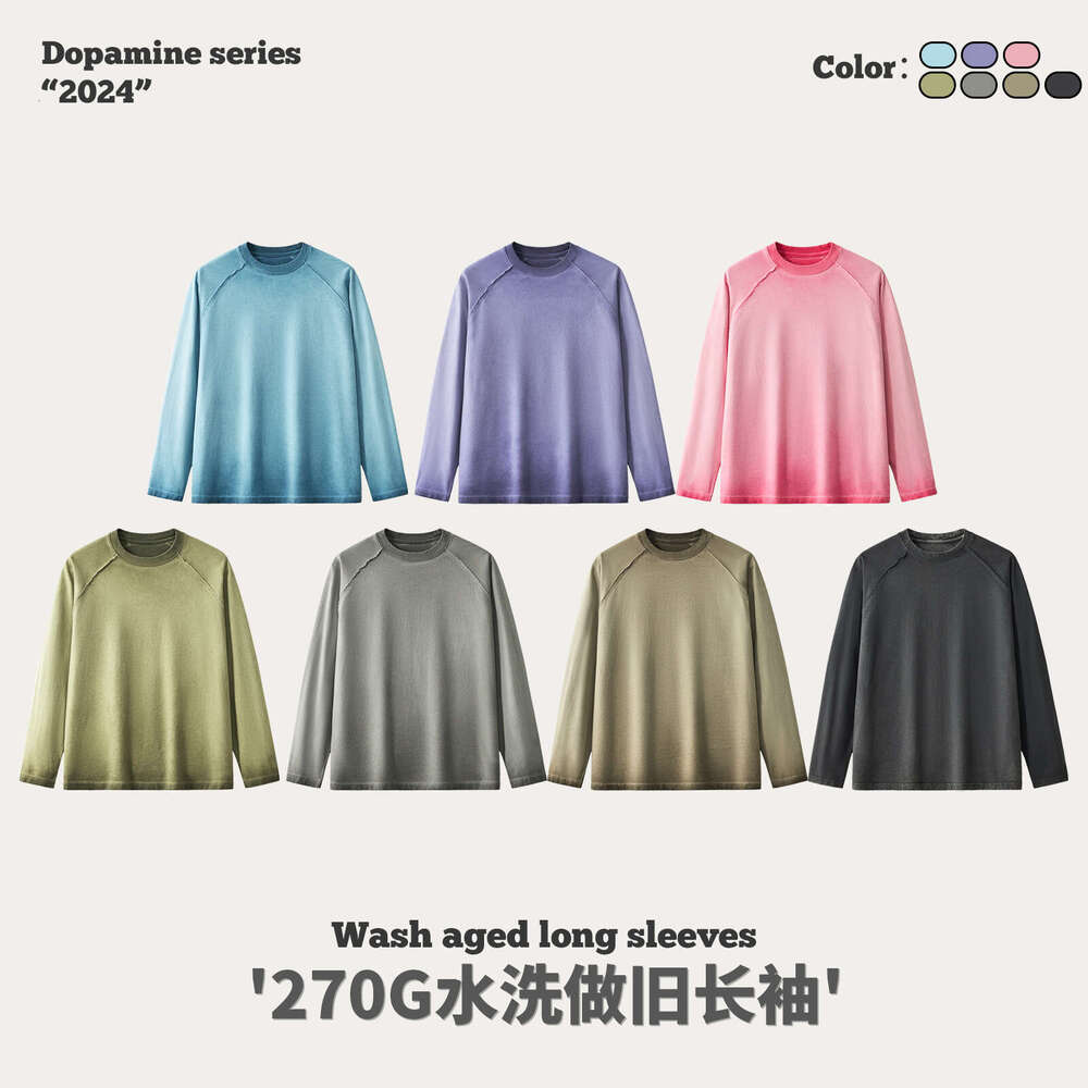 Clothing|Trendy Brand New Dirty Wash 270g Long Sleeve Men Ins Solid Color Washed Vintage Men's T-Shirt