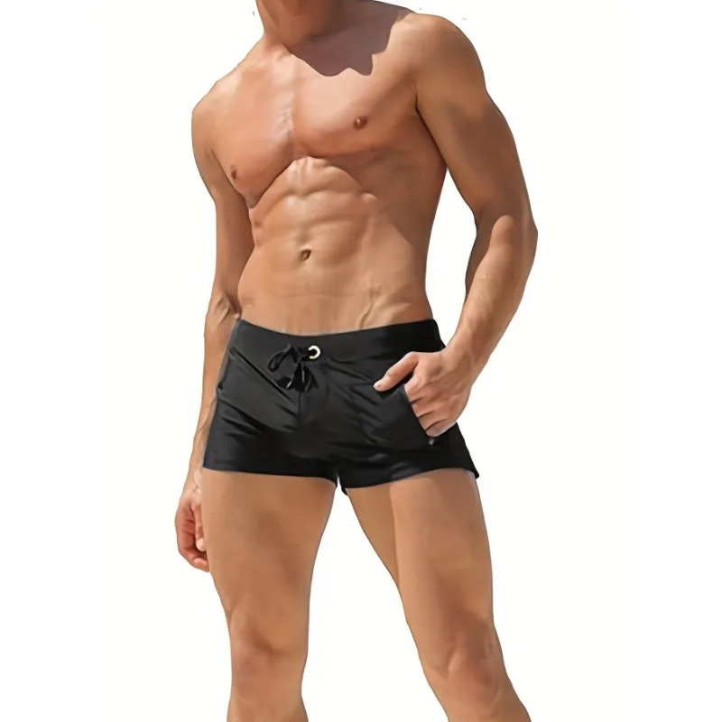 Stretchy Nylon Elastane Mens Quick-Dry Swim Trunks with Zipper Pocket - Solid Color Drawstring Waistband for Beach Pool 250530