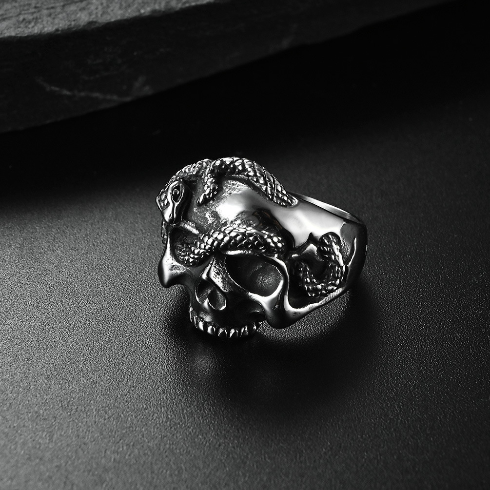 Hip Hop Vintage Stainless Steel Casting Snake Skull Ring Gold Plated Men Jewelry