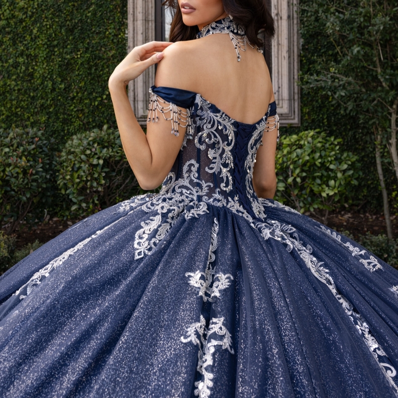 Navy Blue Shiny Quinceanera Dresses Ball Gown Off The Shoulder Applique Lace Beading Tull Corset Sweet 16 Dress Vestidos 15 Anos