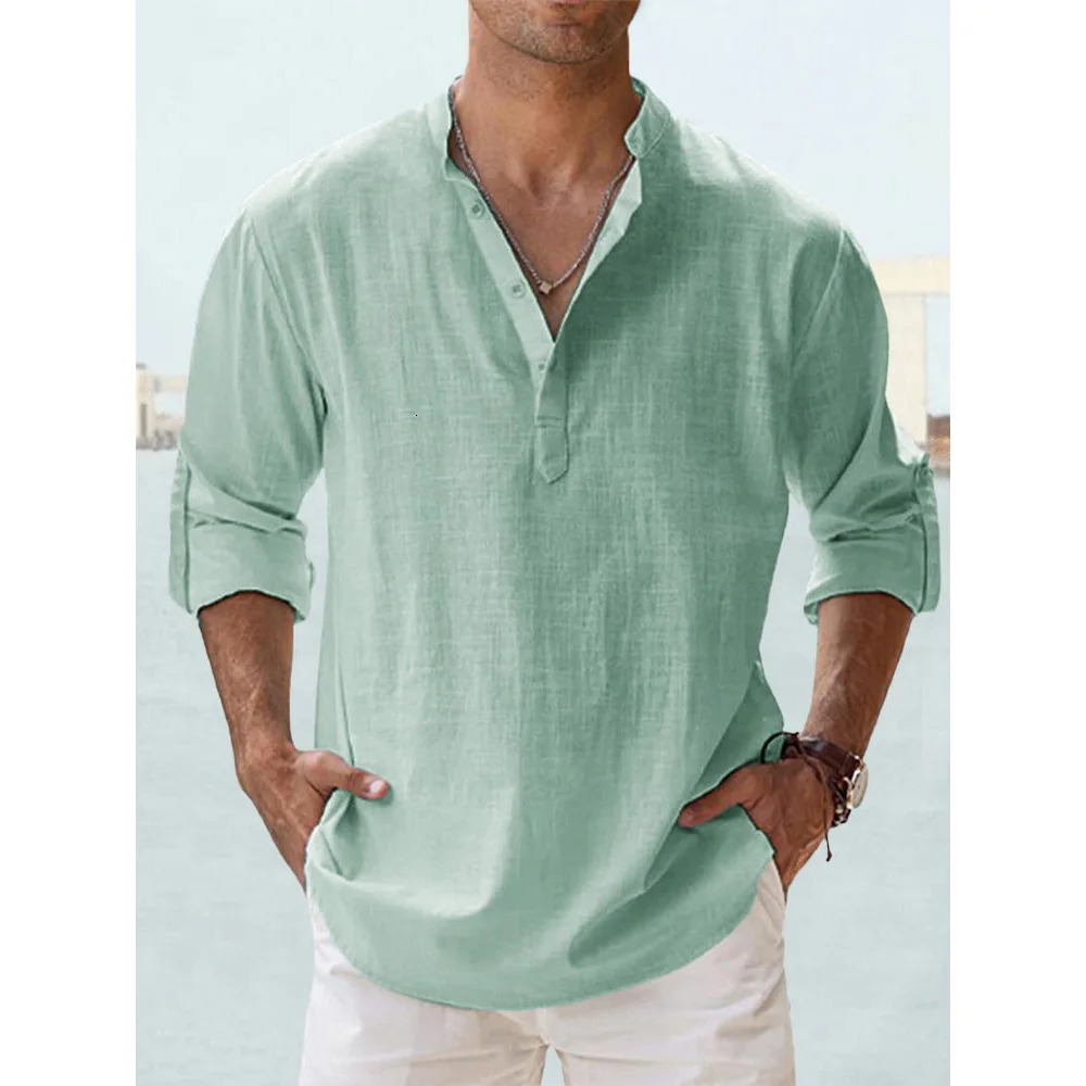 Cotton Linen Shirts for Men Casual Shirts Lightweight Long Sleeve Henley Beach Shirts Hawaiian T Shirts for Men Streetwear 250605