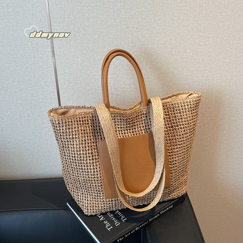 Foreign Trade Large Capacity Woven Straw for Women 2025 New Niche Fashion Single Shoulder Handbag Beach Tote Bag ddmynov