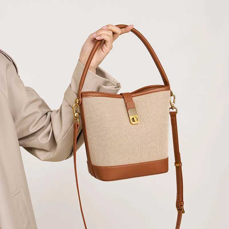 Weaving Female Messenger Bags Color Splicing Women Bucket Shoulder Bag Canvas Combining Man-made Leather Ladies Handbags M250606