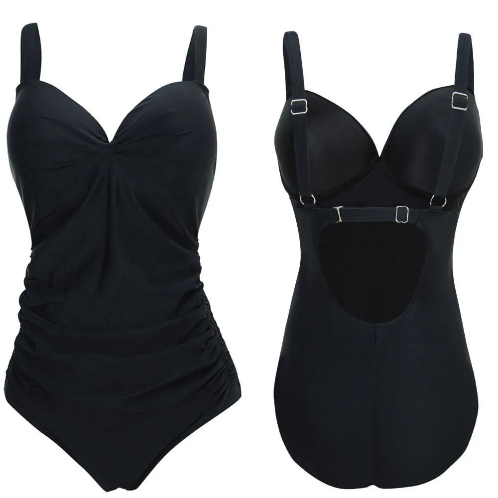 Push Up Swimsuit Women Plus Size Swimwear Under wired Solid Black Large Big Swimming Suits Beachwear Bathing 250603