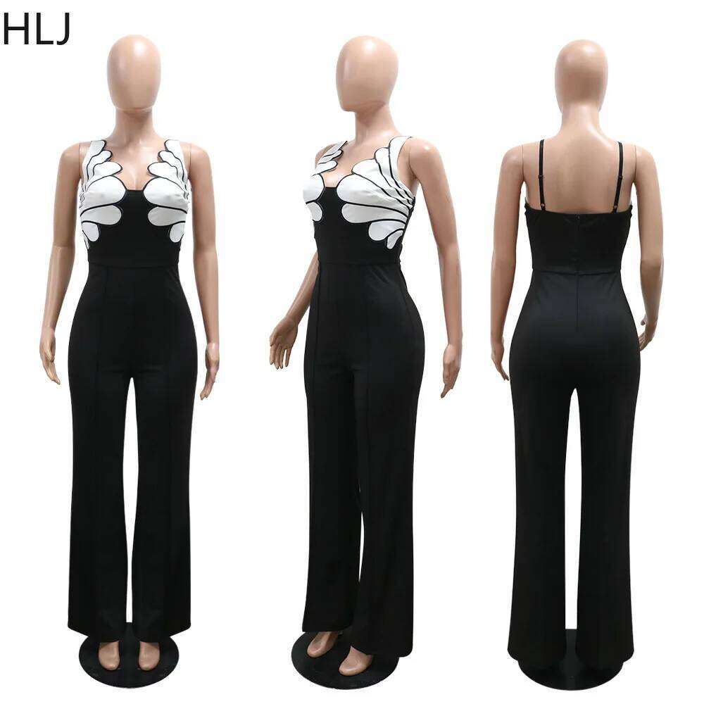 HLJ Fashion V Neck Irregular Spaghetti Strap Straight One Piece Jumpsuits Women Sleeveless Backless Club Playsuits Lady Overalls