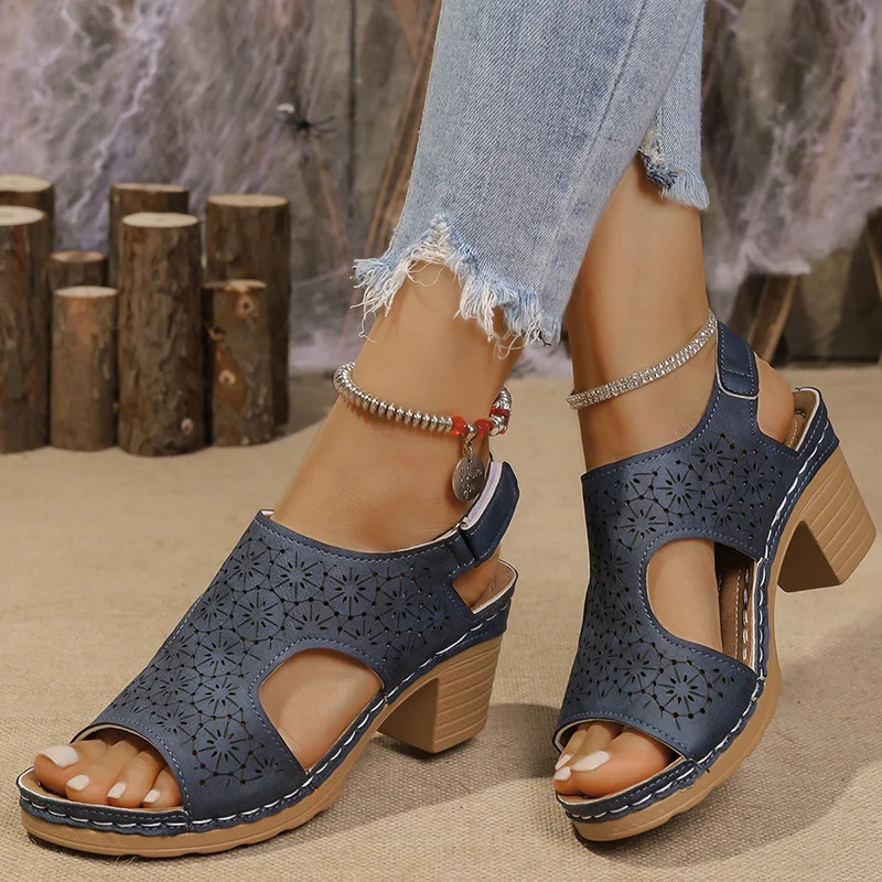 Hollow Out Womens High Heels Sandals Summer Hook Loop Thick Heeled Platform Sandles Casual Anti-Slip Beach Sandals Plus Size 250605