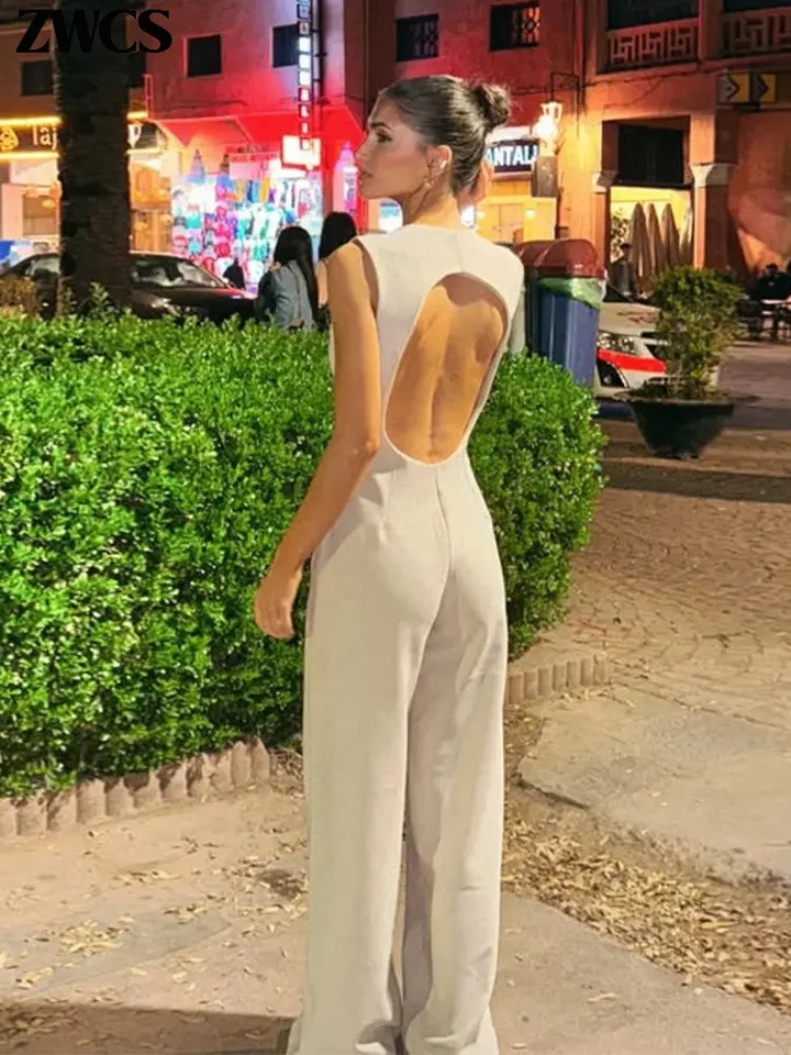 Elegant Hollow Out Blazers Jumpsuits Women Sexy Backless Sleeveless Zippers High Waist Wide Leg Rompers 2025 Summer Overalls 250605