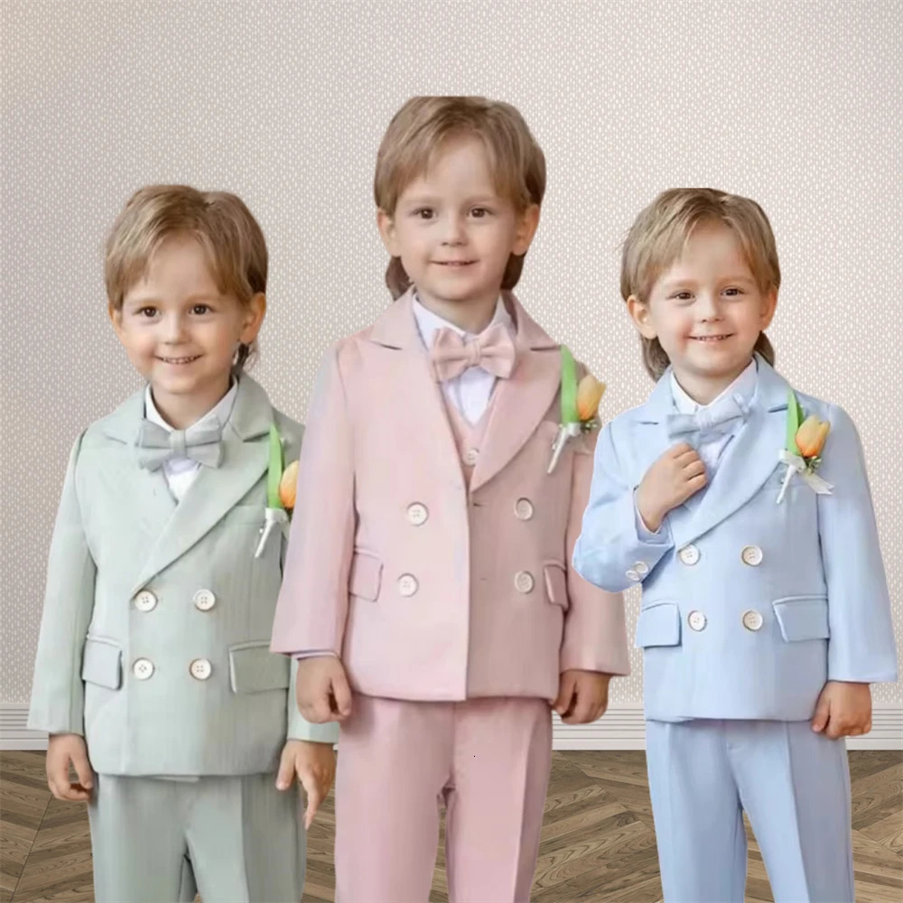 Macaroon Colorful Toddler Suit Set Double Breasted Kids Suits Blazer Pants Bow-tie Brooch Boys Formal Tuxedo Dresswear 250530