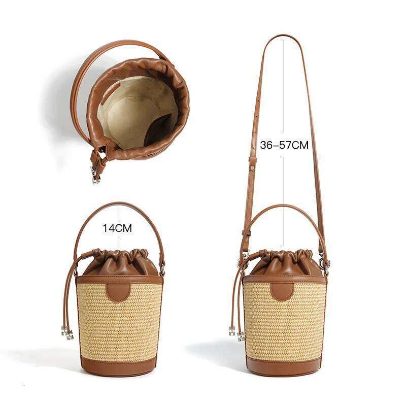 2024 New Women Bucket Handbag Lady Sheepskin Canvas Straw Plaited Crossbody Shoulder Bag Female Korean Niche Ins Mini Messenger