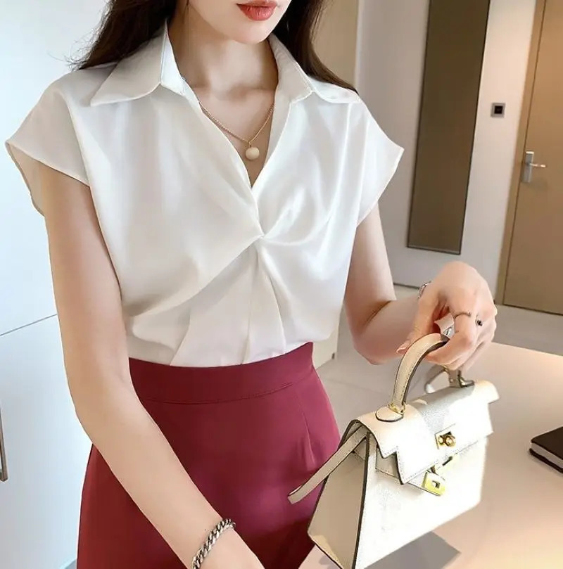 Womens Satin Blouse 2025 Summer V-neck Short-sleeved Solid Color Blouse Fashion Niche top Elegant Ladies Short Shirt 250605