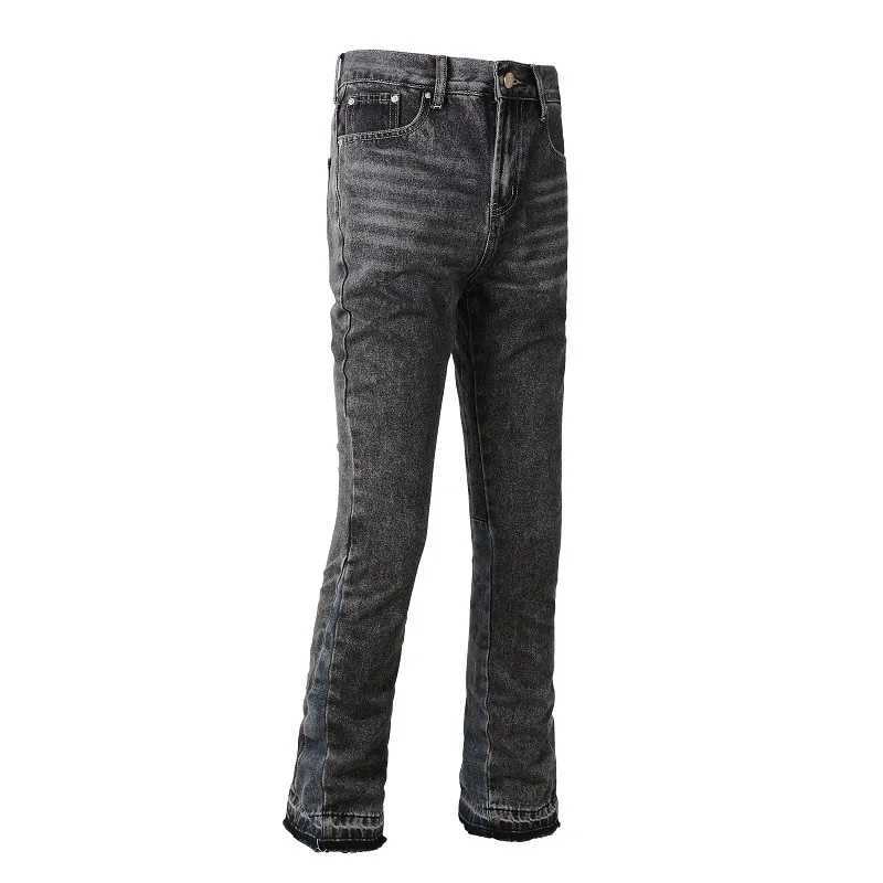 Men Jeans Washed Denim Flare Pants Mid Waist Pockets Patchwork Denims 2024 Autumn Strtwear Vintage Ankle Length TrousersC250606