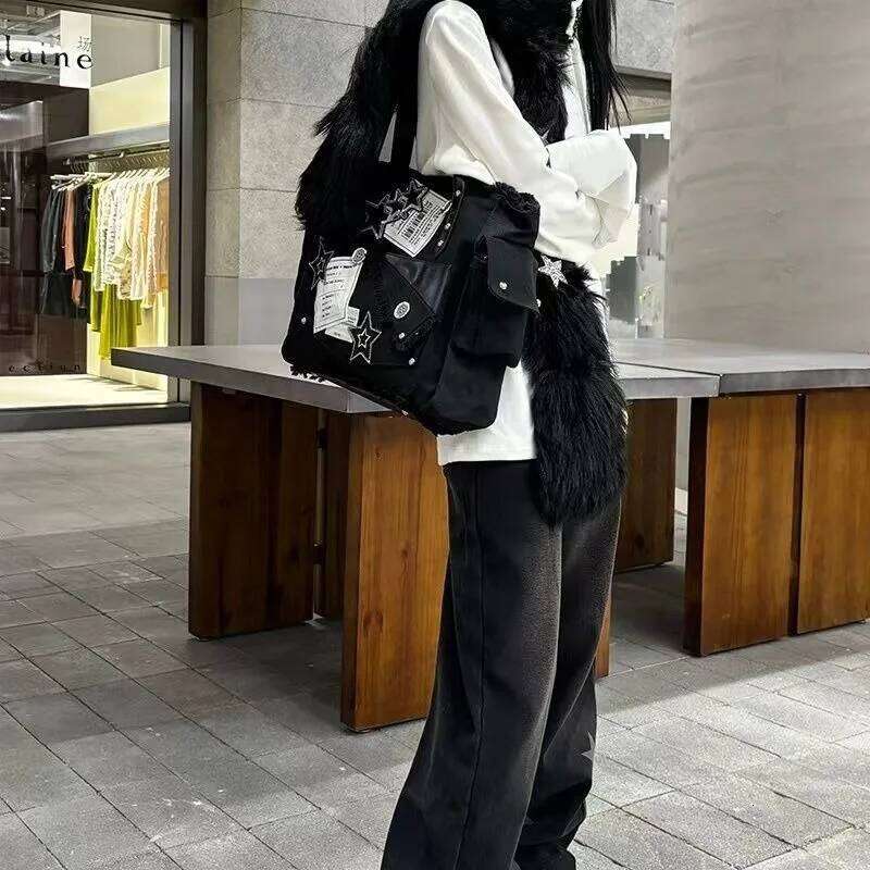 Xiuya Y2k Black Womens Tote Canvas Gothic Fashion Vintage Patchwork Shoulder Bag Large Capacity Original Female New Handbag